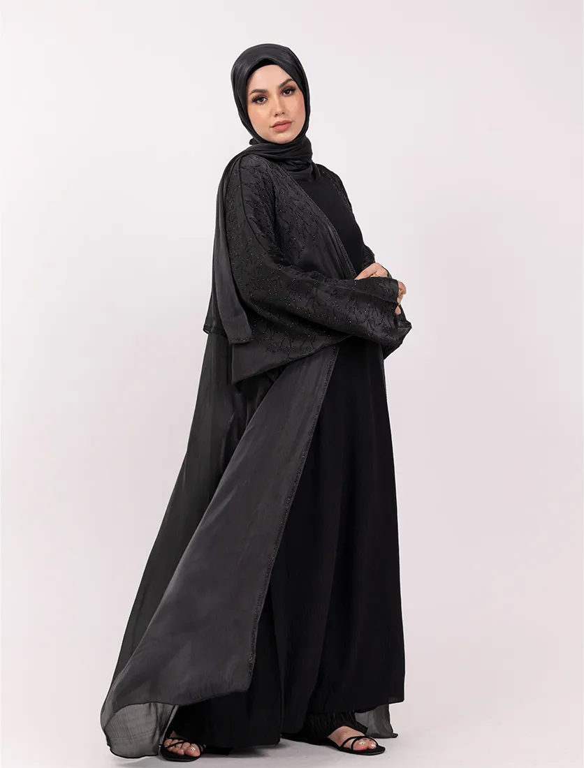 Black Embellished Sheer Abaya Set